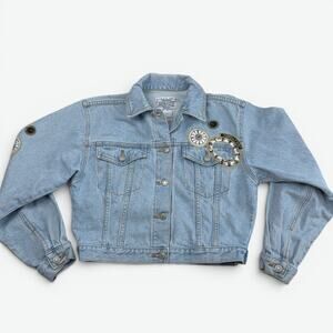 VTG Jordache Denim Jacket Womens Medium Light Wash Clock Patch Jean Crop